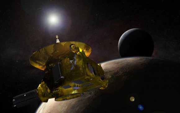 Artist's impression of the New Horizons spacecraft in orbit around Pluto (Charon is seen in the background). Credit: NASA/JPL