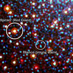 Detail of Omega Centauri stars - highlighting a Spitzer red giant and some Blanco young stars (NASA/JPL-Caltech/ NOAO/AURA/NSF)