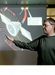 Dr. Pekka Janhunen demonstrating the solar sail design (Antonin Halas)