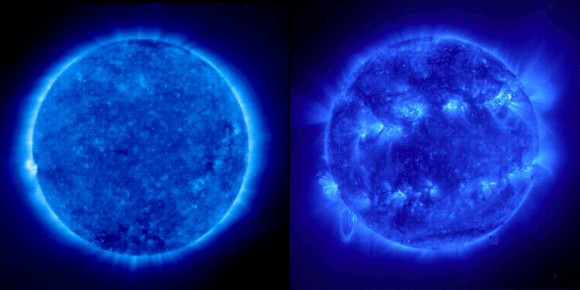 The Sun in EUV. A comparison between solar minimum (left) and maximum (right). Coronal loops are most active at solar max (SOHO/NASA)