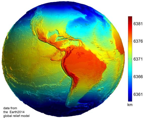 Data from the Earth2014 global relief model, with distances in distance from the geocentre denoted by color. Credit: Geodesy2000