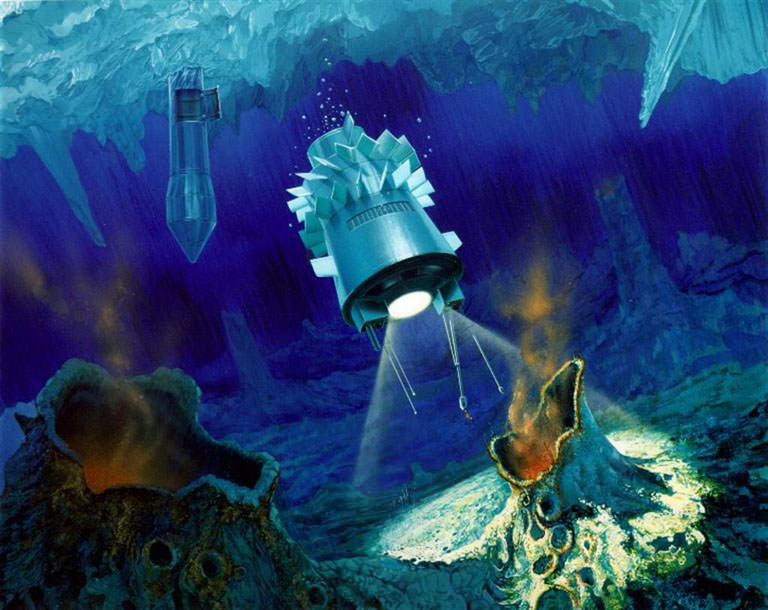 Una impresión artística de un robot oceánico virtual (un robot capaz de romper el hielo de agua) en Europa.  crédito: NASA