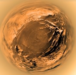 A fish-eye view of Titan's surface from the European Space Agency's Huygens lander in January 2005. Credit: ESA/NASA/JPL/University of Arizona