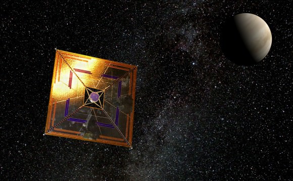 IKAROS spaceprobe with solar sail in flight (artist's depiction) showing a typical square sail configuration. Credit: Wikimedia Commons/Andrzej Mirecki
