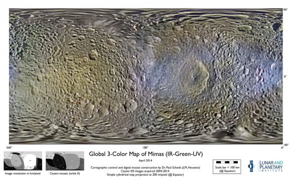 Color map of Mimas, created using data provided by the Cassini spaceprobe. Credit: NASA/JPL-Caltech/Space Science Institute/Lunar and Planetary Institute