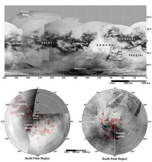 Updated maps of Titan, based on the Cassini imaging science subsystem. Credit: NASA/JPL/Space Science Institute 