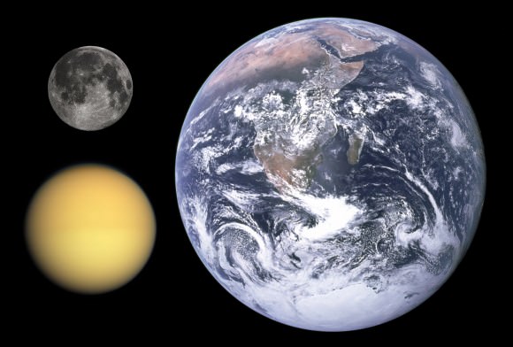 Diameter comparison of Titan, Moon, and Earth. Credit: NASA/GJPL/regory H. Revera