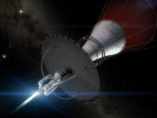 Artist's concept of the Bussard Ramjet, which would harness hydrogen from the interstellar medium to power its fusion engines. Credit: futurespacetransportation.weebly.com