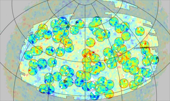 Comparing superclusters (red circles) and supervoids (blue circles) with the CMB.  Credit:  U of Hawaii