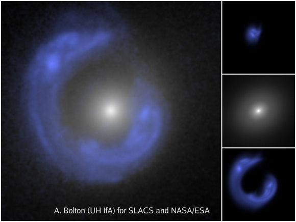 Hubble Space Telescope image shows Einstein ring of one of the SLACS gravitational lenses, with the lensed background galaxy enhanced in blue. A. Bolton (UH/IfA) for SLACS and NASA/ESA. 