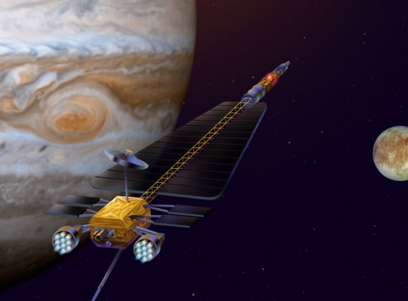 The Jupiter Icy Moons Orbiter is an ambitious proposed mission to orbit three planet-sized moons of Jupiter -- Callisto, Ganymede and Europa -- which may harbor vast oceans beneath their icy surfaces. The mission would launch in 2012 or later. Credit: NASA/JPL