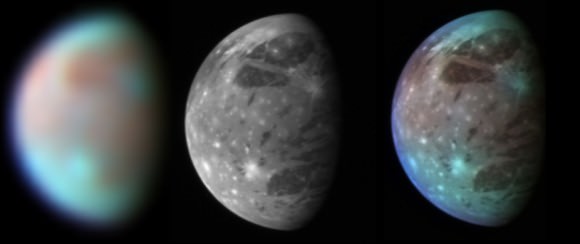 This montage compares New Horizons' best views of Ganymede, Jupiter's largest moon, gathered with the spacecraft's Long Range Reconnaissance Imager (LORRI) and its infrared spectrometer, the Linear Etalon Imaging Spectral Array (LEISA). Credit: NASA/Johns Hopkins University Applied Physics Laboratory/Southwest Research Institute