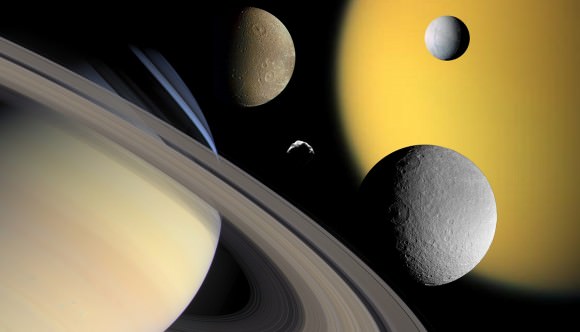 A collage of Saturn (bottom left) and some of its moons: Titan, Enceladus, Dione, Rhea and Helene. Credit: NASA/JPL/Space Science Institute