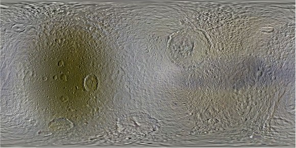 This set of global, color mosaics of Saturn's moon Tethys was produced from images taken by NASA's Cassini spacecraft during its first ten years exploring the Saturn system. Credit: NASA / JPL-Caltech / Space Science Institute / Lunar and Planetary Institute