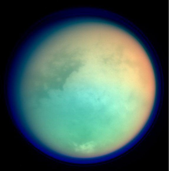 False colour image of Titan's atmosphere. Credit: NASA/JPL/Space Science Institute/ESA