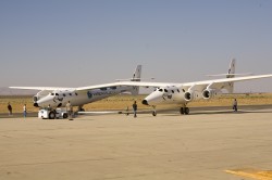 Eve is towed onto the airstrip at Mojave Air and Space Port (Virgin Galactic)