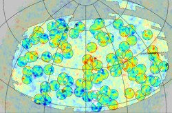 A map of the faint microwave radiation left over after the big bang shows superclusters (red circles) and supervoids (blue circles). Credit: B. Granett, M. Neyrinck, I. Szapudi 