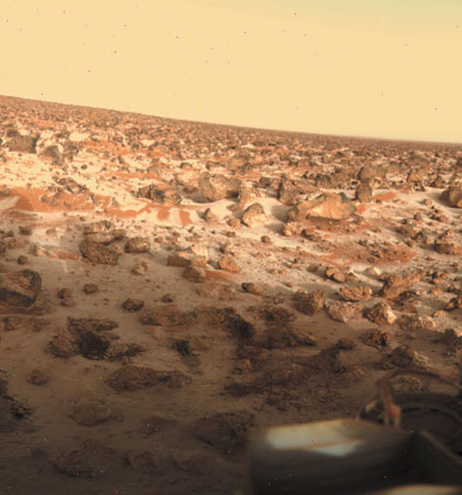 frost on Mars in a photograph taken by the Viking 2 lander on May 18, 1979.   NASA/JPL   