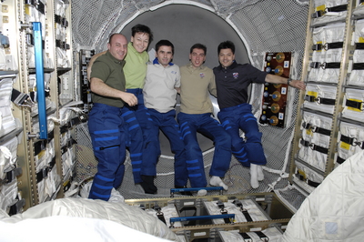 Expedition 16 and 17 crewmembers inside Jules Verne ATV. Jules Verne is Europe's first Automated Transfer Vehicle. Jules Verne docked with the International Space Station on 3 April 2008.  Credit: NASA