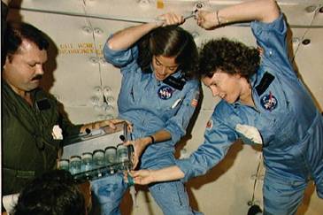 Christa McAuliffe and Barbara Morgan practice teaching from space.  Credit: "The Lost Lessons"