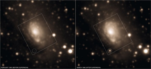 Two optical imagas show the Circinus galaxy before and after the supernova. Credit: Anglo-Australian Observatory. 