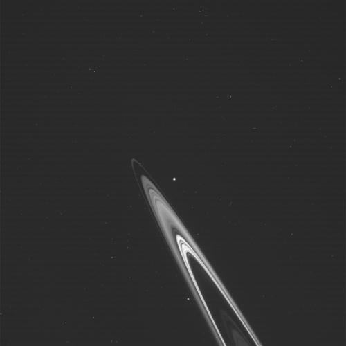 Mimas and Saturn's Rings.  Credit:  NASA/JPL