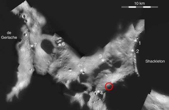 Mosaic from the Clementine mission of lunar south pole showing possible landing sites. The "Peak of Eternal Light is marked in red. Credit: PJ Stooke  