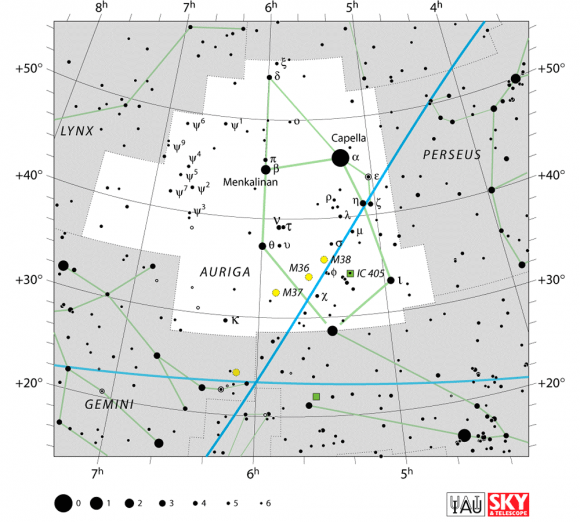 Star map of the Auriga constellation. Credit: IAU/Deep Sky and Telescope