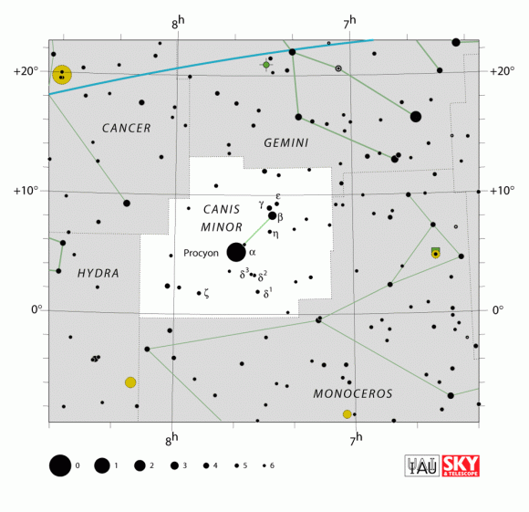 The location of Canis Minor in the northern hemisphere. Credit: IAU/Sky&Telescope magazine