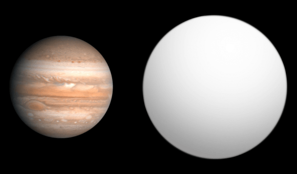 Size comparison between the exoplanet HAT-P-9 b and Jupiter. Credit: Wikipedia Commons/Aldaron,
