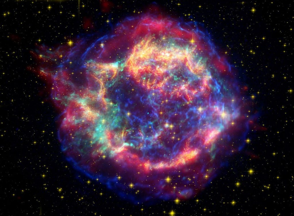 Typically, a supernova is surrounded by a dense cloud of ejecta. This is a mosaic image of Cassiopeia A, a supernova remnant, taken by the Hubble and Spitzer Space Telescopes. Credit: NASA/JPL-Caltech/STScI/CXC/SAO