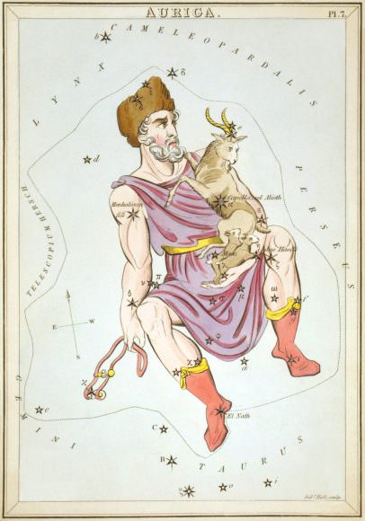 Auriga carrying the goat and kids as depicted in Urania's Mirror, a set of constellation cards illustrated by Sidney Hall, London circa 1825. Credit: Library of Congress