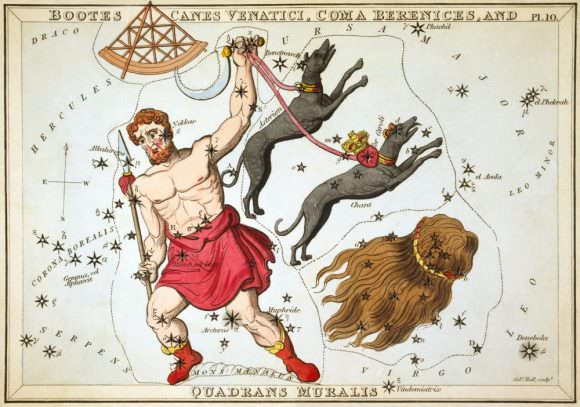 Boötes as depicted in Urania's Mirror, a set of constellation cards published in London c.1825. In his left hand he holds his hunting dogs, Canes Venatici. Below them is the constellation Coma Berenices. Above the head of Boötes is Quadrans Muralis, now obsolete, but which lives on as the name of the early January Quadrantid meteor shower. Mons Mænalus can be seen at his feet. Credit: Wikipedia Commons/Sidney Hall