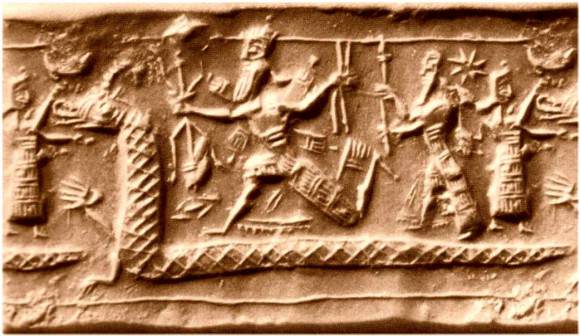 A modern impression of a Neo-Assyrian cylinder seal (BM 89589), depicting the forces of chaos led by Tiamat being defeated by Marduk. Credit: Wikipedia Commons