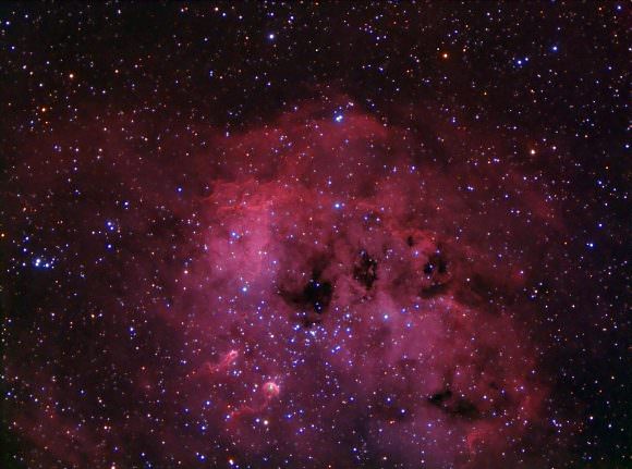 The faint dusty rose of the northern sky, emission nebula IC 410 lies about 12,000 light-years away in the constellation Auriga.