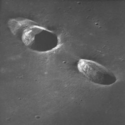 NASAs Lunar Orbiter spacecraft imaged the Messier A (right) and B craters on the Moon. Messier A is about 11 km long (NASA)