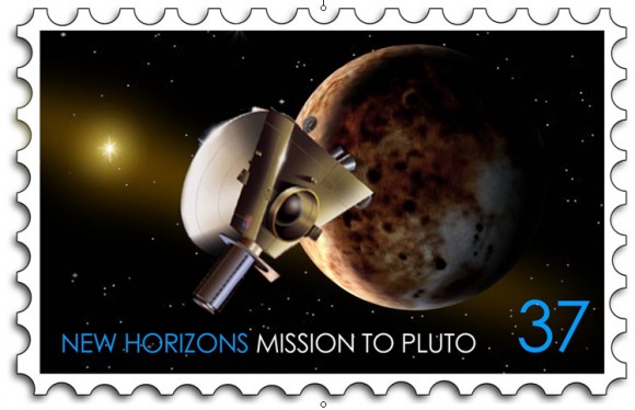 Proposed new stamp for New Horizons.  Credit:  JHU/APL