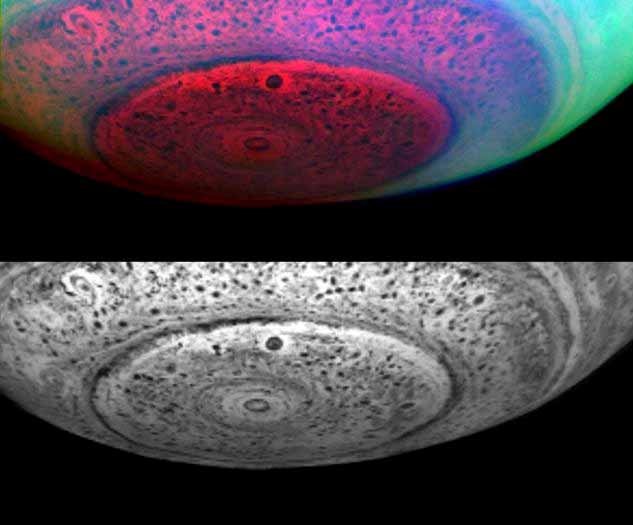 These two previously released infrared images of Saturn show the entire south polar region with the hurricane-like vortex in the center. The top image shows the polar region in false color, with red, green, and blue depicting the appearance of the pole in three different near-infrared colors (NASA/JPL/University of Arizona)