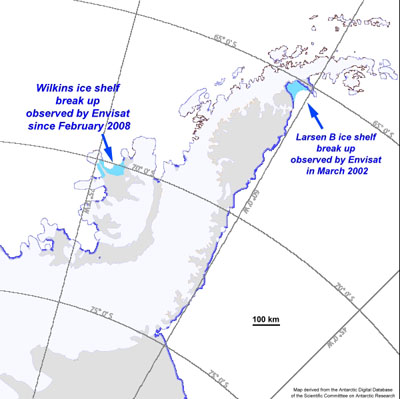 Map showing break-up events of Larsen-B and Wilkins ice shelves, as observed by Envisat, in Antarctica.   Credits: ESA
