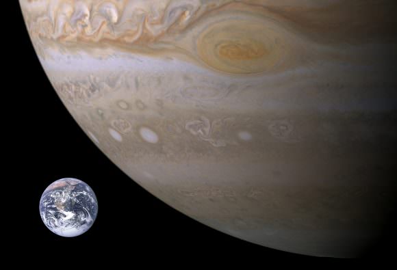  Rough visual comparison of Jupiter, Earth, and the Great Red Spot. Approximate scale is 44 km/px. Credit:  NASA/Brian0918/ Wikipedia Commons