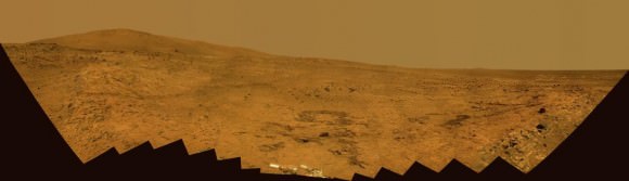 Bonestell panorama, taken by Spirit during her winter stay on the north side of Home Plate.  Credit:  NASA/JPL/Cornell