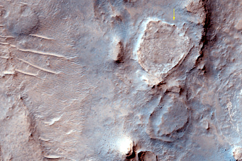 Home Plate is the raised plateau.  Spirit is the dark spot at the 1 o'clock position.  Image: NASA/JPL/University of Arizona