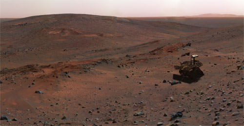 A special effect image of Spirit sitting on Husband Hill.  Credit: NASA/JPL/Cornell.  Rover model by Dan Maas