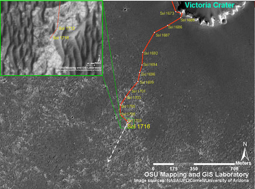 Opportunity's traverse map through Sol 1716 As of sol 1707 (Nov. 11, 2008), Opportunity's total odometry was 13,493.85 meters (8.38 miles).  