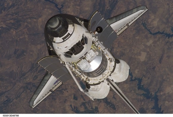 Space shuttle on approach to ISS.  Credit: NASA