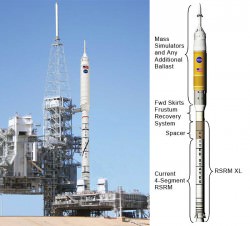 Artist impression of the Ares I-X at the launchpad, plus labelled sections of the rocket (NASA)