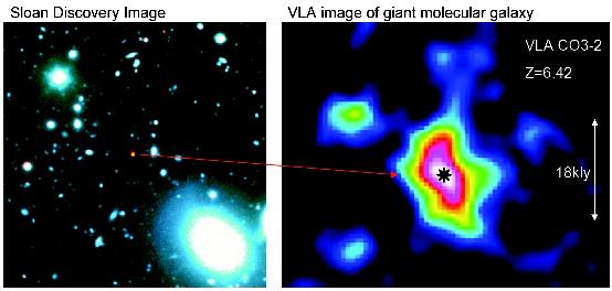 Enlarge VLA image (right) of gas in young galaxy seen as it was when the Universe was only 870 million years old. Image: NRAO/AUI/NSF, SDSS  