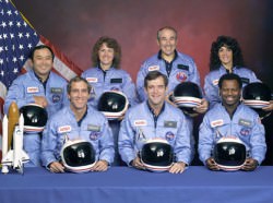 Challenger Crew - The crew of STS-51-L: Front row from left, Mike Smith, Dick Scobee, Ron McNair. Back row from left, Ellison Onizuka, Christa McAuliffe, Greg Jarvis, Judith Resnik.