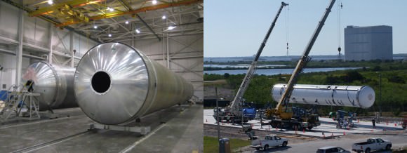 Before and after: The first stage of the Falcon 9 back in Oct. 2008 at the SpaceX Hawthorn HQ (left) and the same first stage arriving in Cape Canaveral in Dec. 2008 (right). Credit: Ian O'Neill/SpaceX