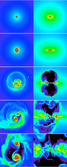 Computer simulation of the formation of a massive star yielded these snapshots showing stages in the process over time. Panels on the left represent a polar view (the axis of rotation is perpendicular to the plane of the image), and panels on the right represent an equatorial view. Plus signs indicate projected positions of stars. Colors represent density. Images by Krumholz et al.